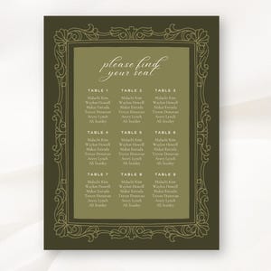 May include: A wedding seating chart with a decorative border. The chart features a central panel with guest names listed under table numbers. The text "please find your seat" is at the top. The color scheme is olive green and gold.