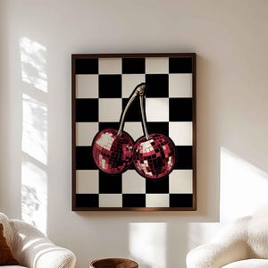 Retro Cherry Disco Ball Print, Bar Cart Decor, Living Room Art, Y2K Aesthetic Poster, College Apartment Dorm, Trendy 70s Print, Maximalist