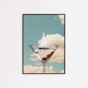 Retro surrealisme martini kunst zeilboot collage muur decor vuile martini print met olijven unieke cocktailbar winkelwagen poster trendy jaren 70 muurkunst