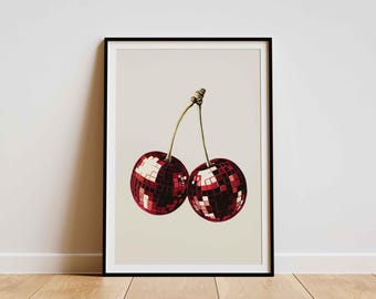 Retro Cherry Disco Ball Print, Bar Cart Print, Living Room Art, Y2K Aesthetic Poster, Disco College Apartment Decor, Trendy 70s Wall Art