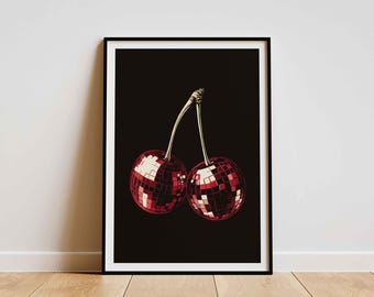 Retro Cherry Disco Ball Print, Bar Cart Print, Living Room Art, Y2K Aesthetic Poster, Disco College Apartment Decor, Trendy 70s Wall Art