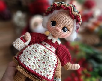 Muñeca amigurumi Eleni de la Señora Santa Claus – Peluche de ganchillo grande de 27 cm – Peluche rojo y blanco