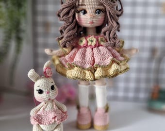 Handmade Amigurumi Lolita Doll with Bunny – 30 cm Crochet Plush Girl – Soft Nursery Decor – Baby Shower Gift – Unique Handmade Toy