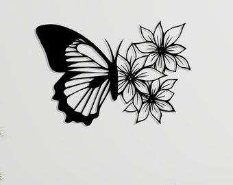 Arte de pared de metal con mariposas y flores: decoración de acero texturizado negro