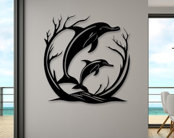 Arte de pared de metal con delfines - Decoración de vida salvaje oceánica - Silueta de animal marino - Escultura minimalista de delfín