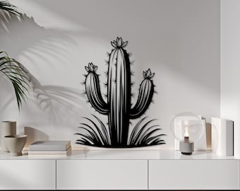 Arte mural de cactus de metal negro: decoración moderna del suroeste