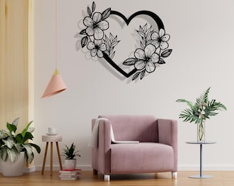 Heart with Flowers Metal Wall Art: 3D Romantic Decor