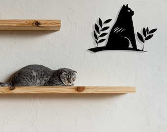 Minimalist Cat Metal Wall Art: Modern Leaf Decor for Cat Lovers