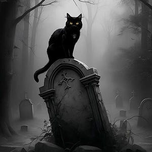 Puede incluir: Un gato negro con ojos amarillos brillantes se sienta encima de una lápida desgastada en un cementerio brumoso. El gato lleva un colgante de plata alrededor del cuello. La lápida está rodeada de otras lápidas y vegetación enredada.
