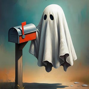 May include: A whimsical illustration of a ghost hovering near a mailbox. The ghost is draped in a white sheet with two black eye holes. The mailbox is silver with a red flag, mounted on a wooden post, set against a colorful background.