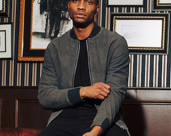 Schwarze Elch Bomber Wildlederjacke - Grau