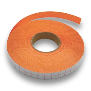 May include: A roll of vibrant orange tape, featuring a white and red grid pattern on the adhesive side. The tape is coiled around a cardboard core, with a section unrolled, displaying its texture and colour.