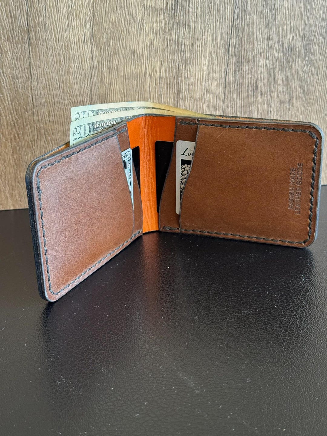 Hand Stitched Bifold Wallet Horizontal Card Pockets Apricot and Brown ...