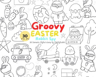 Groovy Easter Rabbit Spy-clipart: retro doodle kleurplaten (PNG, JPG)
