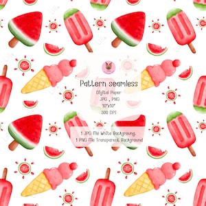 Watermelon Ice Cream Seamless Pattern: Kawaii Summer Digital Paper (JPG, PNG