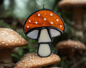 Stained Glass Mushroom Ornament | Red or brown mushroom | Fungi forest | Handmade Suncatcher, Cottagecore Decor