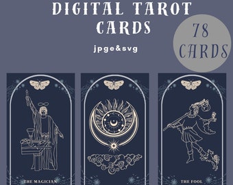 Minimalist Dark Tarot Card Deck: 78 Printable Cards (JPEG & SVG)