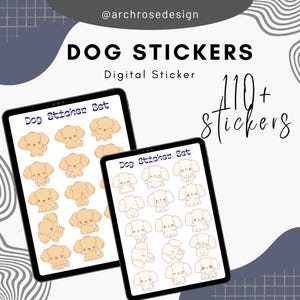 Pode incluir: Dois conjuntos de adesivos digitais com ilustrações de cães fofinhos em várias poses. Os conjuntos são exibidos em telas de tablet e incluem o texto "Dog Sticker Set" e "110+ stickers".