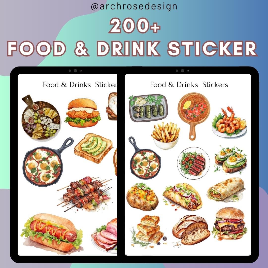 Menu Pinterest Sticker 200+ Food & Drink Sticker Bundle PNG, Dessert Meal Clipart Pack ...