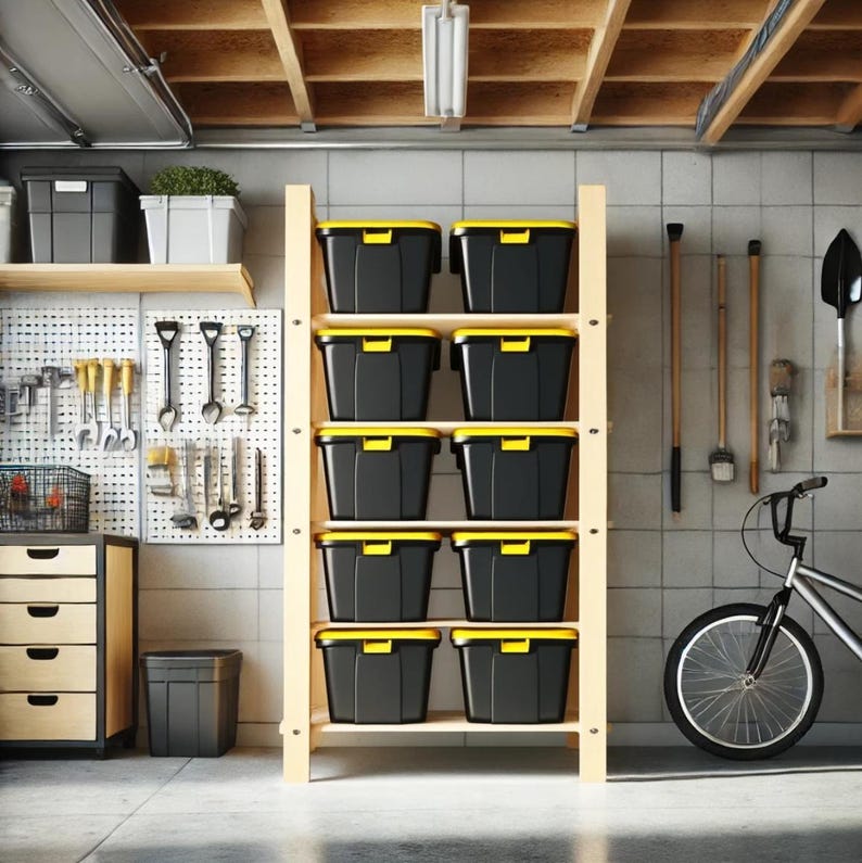 May include: A wooden shelving unit with nine black storage bins with yellow lids. The bins are stacked in three rows of three. The shelving unit is in a garage with a bicycle and tools on the wall.