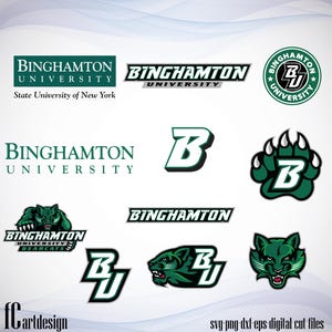 May include: A collection of logos for Binghamton University, a State University of New York. The logos feature the university's name, a bearcat mascot, and the letters "BU" in a green and white colour scheme.