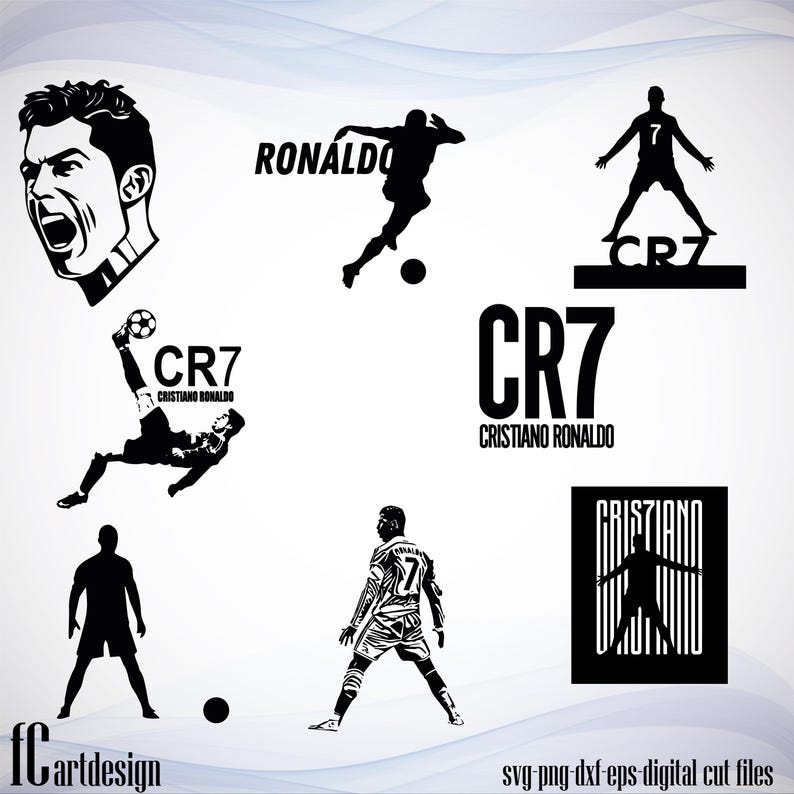 May include: Black and white silhouette images of Cristiano Ronaldo, a famous soccer player, in various poses. The images include the text "CR7" and "Cristiano Ronaldo".