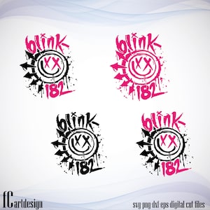 May include: Four digital cut files of the Blink 182 logo. The logo is a black and white smiley face with two Xs for eyes, surrounded by a circle with arrows pointing outwards. The text "blink 182" is written above the smiley face. The logo is on a white background.