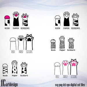 May include: Four sets of three paw print designs, each set labeled "Rock", "Paper", and "Scissors". The paw prints are black and white, with some featuring a leopard print pattern. The designs are perfect for crafting projects, such as creating iron-on transfers for t-shirts or making stickers.