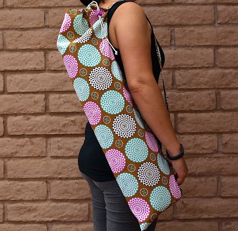 Yoga mat bag handmade with pocket in a neutral taupe with bursts of pink and light teal color in the shape of mums or pom poms BURST