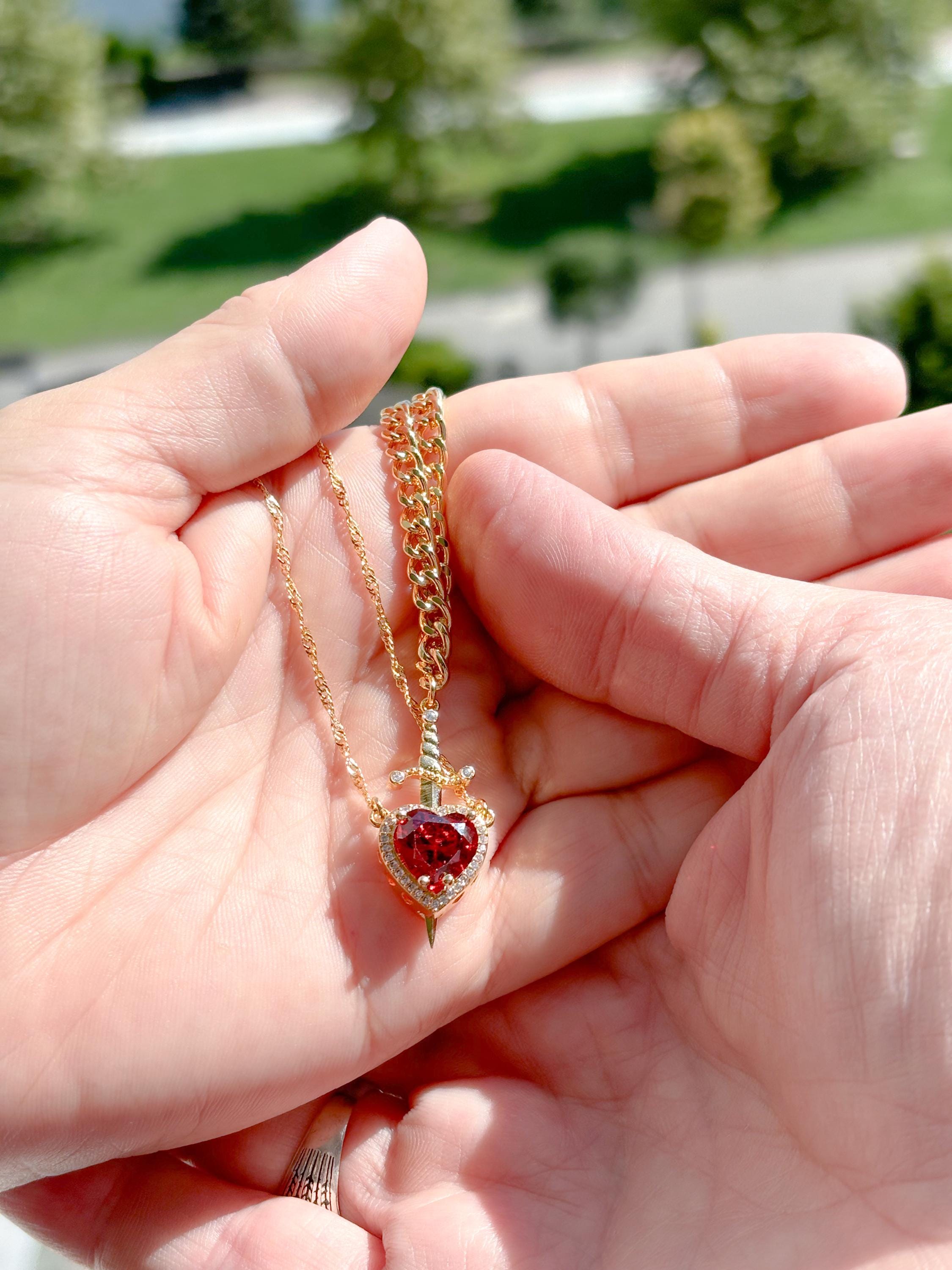 Heart and Sword Necklace - Couple Necklaces - Gold Plated
