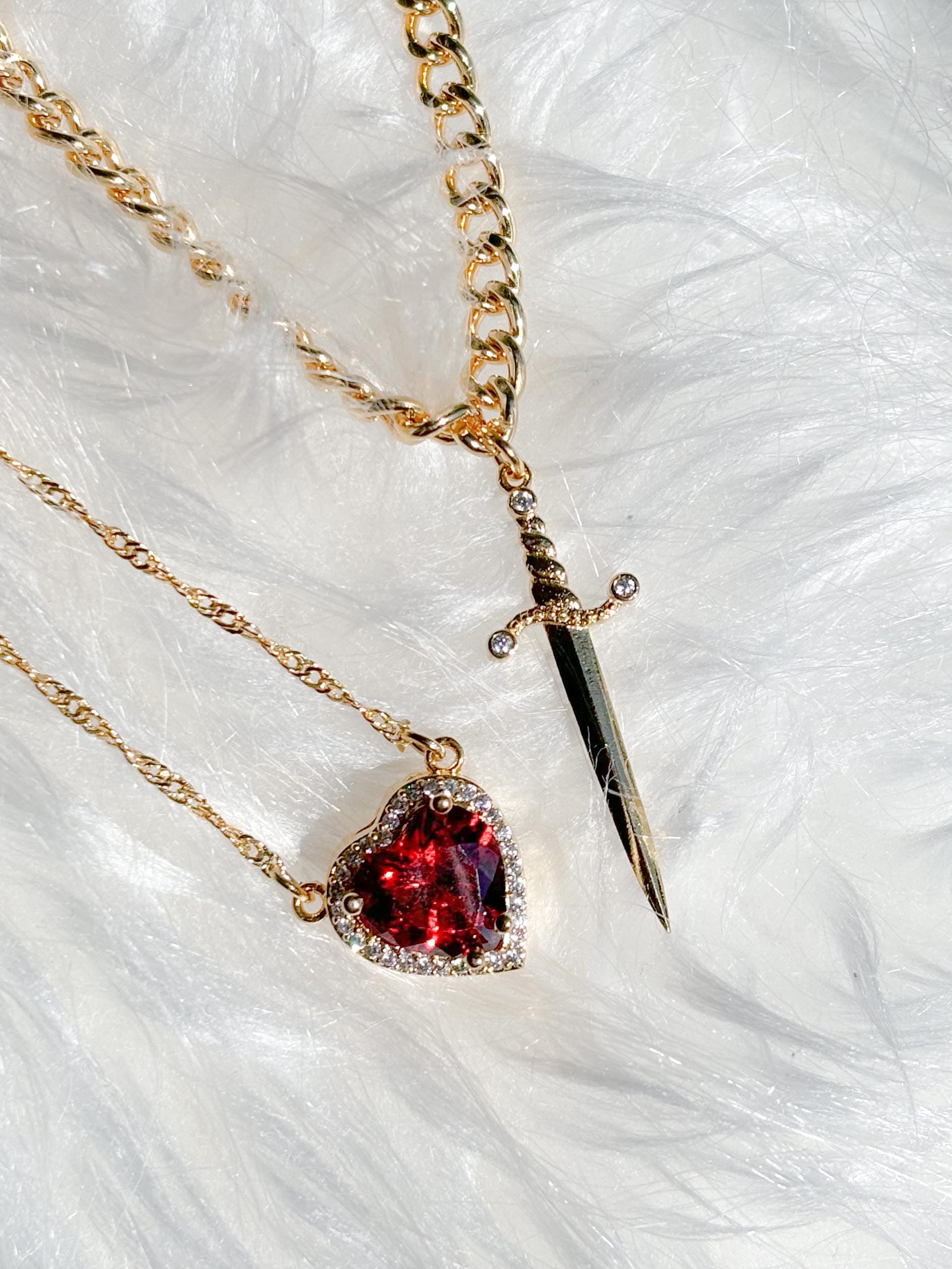 Heart and Sword Necklace - Couple Necklaces - Gold Plated