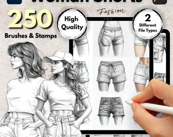 May include: A digital illustration of 250 high quality brushes and stamps for drawing women's shorts. The image shows a variety of styles of shorts, including denim, athletic, and cargo shorts. The image also includes a hand holding a stylus, suggesting that the brushes and stamps are for digital art.