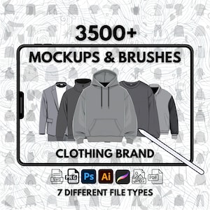 Puede incluir: Una ilustración digital de maquetas de ropa y pinceles. La imagen muestra una variedad de prendas de vestir, incluyendo una sudadera con capucha, una chaqueta, una camiseta y una camisa de manga larga. El texto "3500+ Mockups & Brushes" y "Clothing Brand" se muestra en la imagen. La imagen también incluye iconos para diferentes tipos de archivos, incluyendo SVG, PNG, PS, AI, JPEG y PDF. El texto "7 Different File Types" se muestra en la imagen.