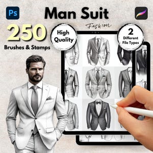 Könnte beinhalten: Eine digitale Illustration eines Mannes im Anzug. Das Bild ist eine Sammlung von 250 hochwertigen Pinseln und Stempeln zur Verwendung in digitalen Kunstprogrammen. Das Bild enthält den Text "Man Suit Fashion" und "2 Different File Types".