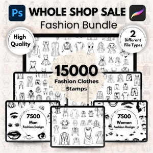 May include: A digital illustration of 15,000 fashion clothes stamps, including 7,500 men's and 7,500 women's designs. The image shows a variety of clothing items, including shirts, pants, dresses, and jackets.