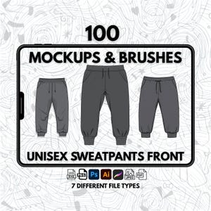 May include: A set of 100 mockup templates and brushes for creating designs of unisex sweatpants. The image shows three different sweatpants in gray, with a front view. The text "100 Mockups & Brushes" and "Unisex Sweatpants Front" is displayed on the image. The image also includes a list of file types: SVG, PNG, PS, AI, JPEG, and PDF.