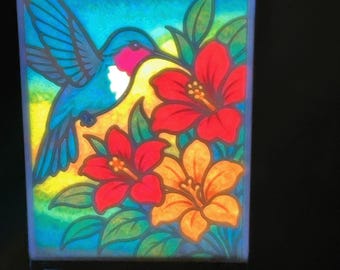 Hummingbird Floral Backlit Lamp | Stained Glass Style 3D Printed Lithophane| Night Light