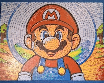 Framed Nintendo Super Mario Mosaic Fan Art | Retro Video Game Decor | Textured Pixel Art