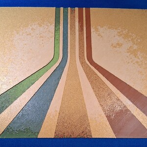 May include: Abstract art piece with a retro design. The artwork features a gold background with vertical bands of green, blue, tan, brown, and red. The bands have a textured appearance, creating a vintage aesthetic.