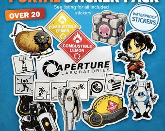22 Portal Sticker Pack | Waterproof | Aperture Labs, GLaDOS, Companion Cube, Combustible Lemon | 4x7 Sheets