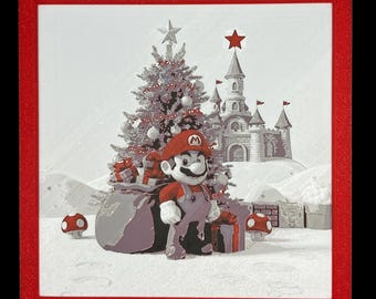 Super Mario Christmas Nintendo Fan Art • Holiday Scene • Festive Tree & Castle • Gamer Gift