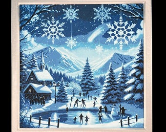 3D Printed Winter Wonderland Wall Art • Snowy Village Hueforge • Layered 3D Scene