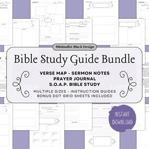 Bible Study Guide Bundle - Verse Mapping, Sermon Notes, SOAP Bible Study, Prayer Journal - Minimalist Black Design - Printable Bible Study