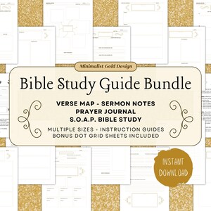 Bible Study Guide Bundle - Verse Mapping, Sermon Notes, SOAP Bible Study, Prayer Journal - Minimalist Gold Design - Printable Bible Study