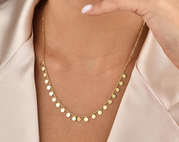Featured listing image: 14K Real Gold Drop Multi Disk Necklace/ Multiple Tiny Gold Coin Layered Necklace/ Disc Necklace/For women gifts/mother's day gift