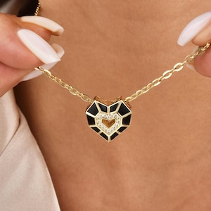 14K Gold Black Enamel Heart Necklace: Dainty Geometric Pendant