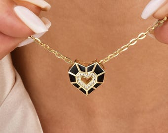 14K Gold Black Enamel Heart Necklace: Dainty Geometric Pendant