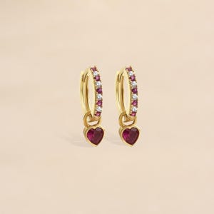 14K Real Gold Heart Hoop Earrings, Zirconium Stone White Purple Stone Gold Earring/ Love Earrings, Huggie Hoop Earrings/mother's day gift