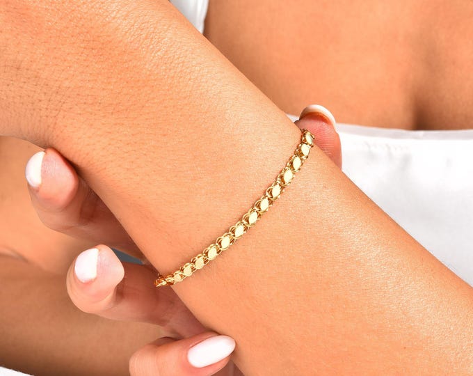 Featured listing image: 14K Real Gold Mirror Chain Bracelet/Sequin Solid Bracelet/Elegant Anklet Unisex Chain/Sparkle Fashion Delicate/mother's day/mother's day gif