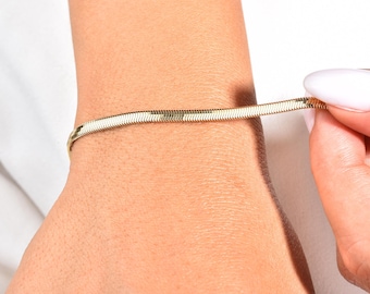 14K Gold Herringbone Bracelet: Handmade Real Gold Snake Chain, 3.45mm